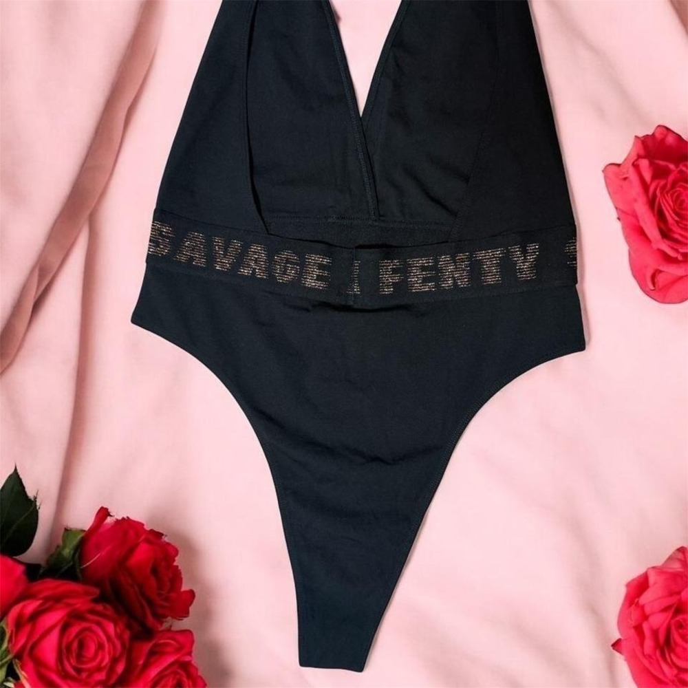 NWT Black‎ Savage x Fenty logo halter neck plunge bodysuit M